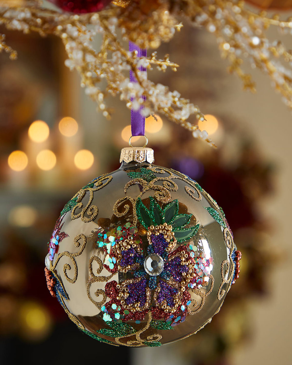 Grey Opal Christmas Ornament With Multicolor Flowers