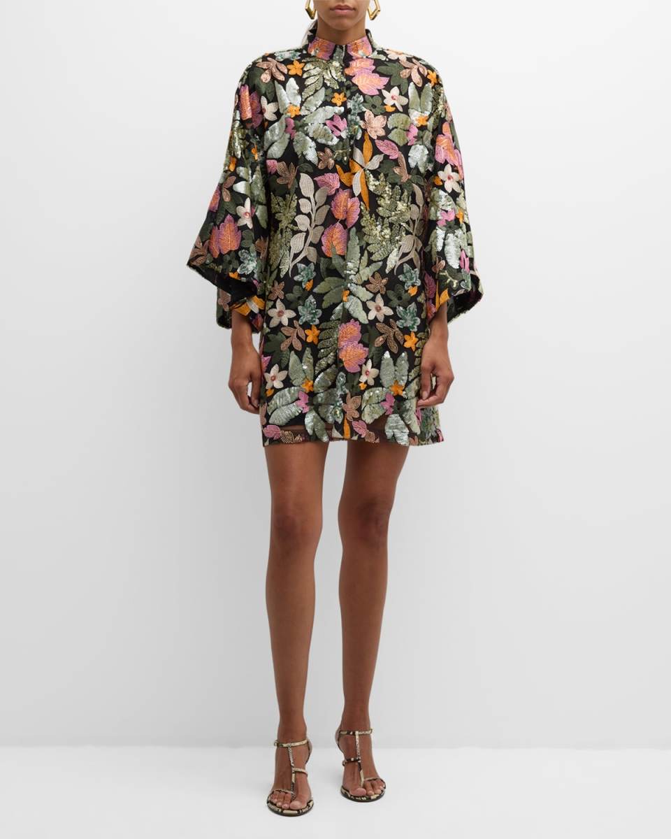 Safari Sequin Floral-Embroidered Mini Caftan