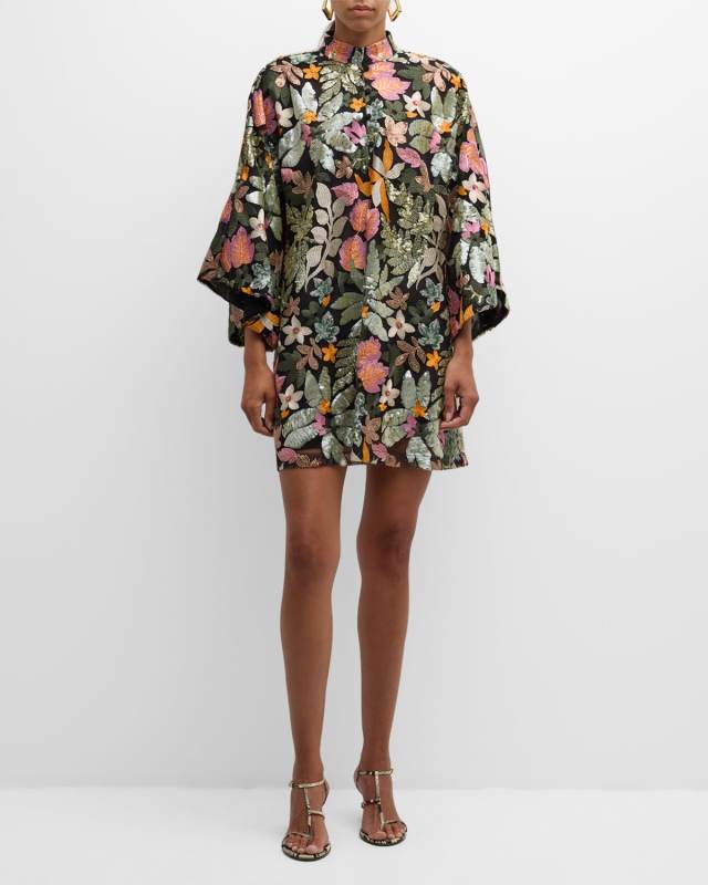 Safari Sequin Floral-Embroidered Mini Caftan