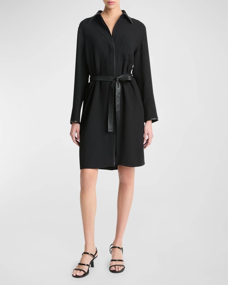 Leather-Trim Belted Knee-Length Shirtdress