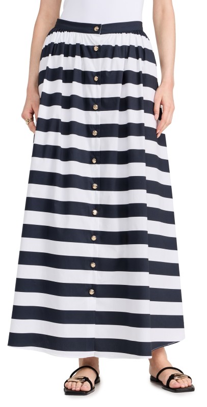 CAROLINE CONSTAS Lizette Gold Trimmed Skirt Navy Awning Stripe