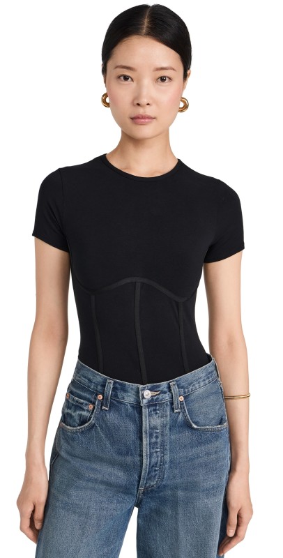 Fleur du Mal Cotton T Shirt Thong Bodysuit Black