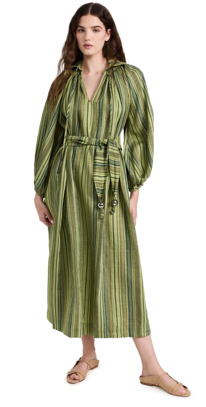 Lisa Marie Fernandez Poet Dress Green Striped Linen
