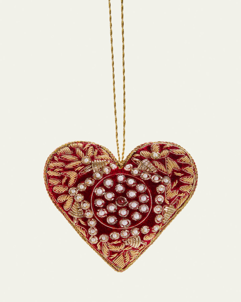 Red Velvet Embroidered Heart Christmas Ornament