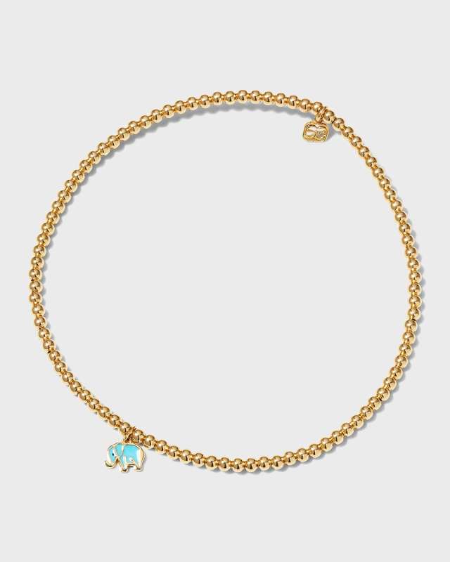 2mm Gold Bead Bracelet with Turquoise Enamel Elephant Charm