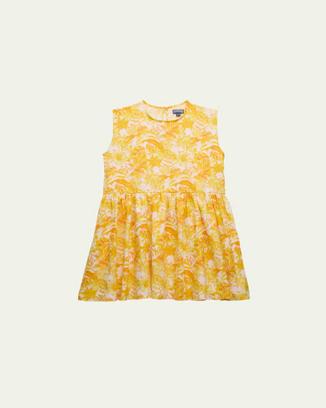Girl's Tahiti Flower-Print Linen Dress, Size 2-14