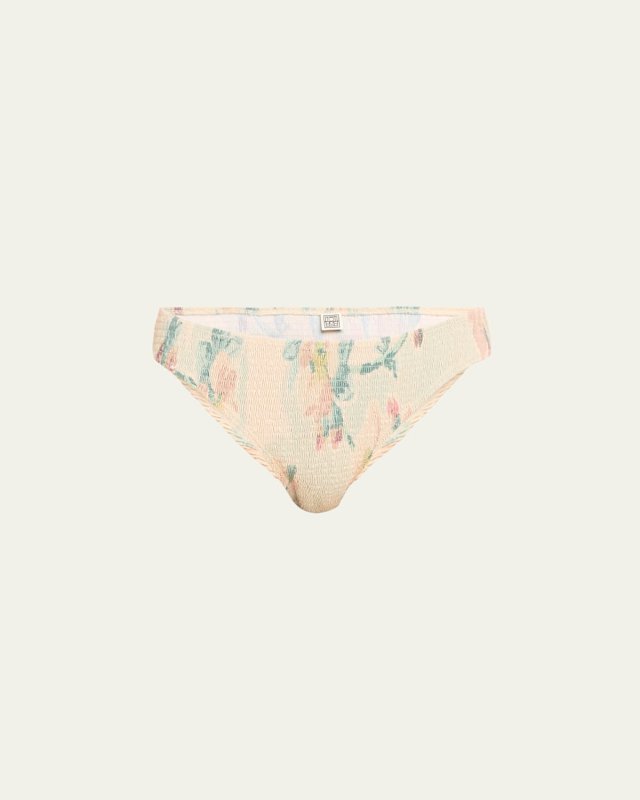 Faded Floral Smocked Mid-Rise Bikini Bottoms