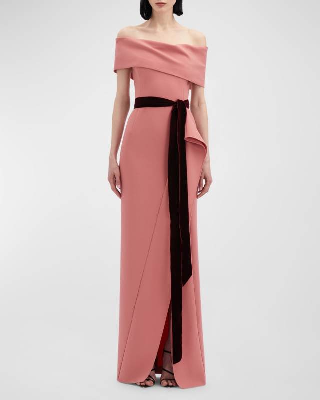 Off-The-Shoulder Draped Slit Column Gown