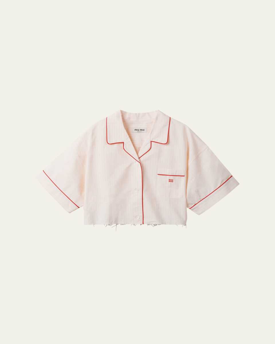 Piped Short-Sleeve Cropped Button-Front Shirt
