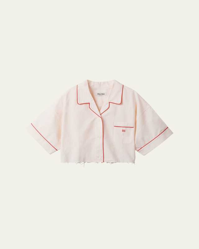 Piped Short-Sleeve Cropped Button-Front Shirt