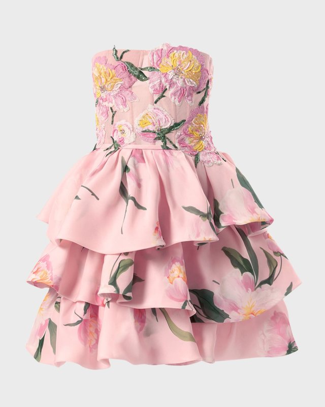 Floral Embroidered Strapless Ruffled Mini Dress