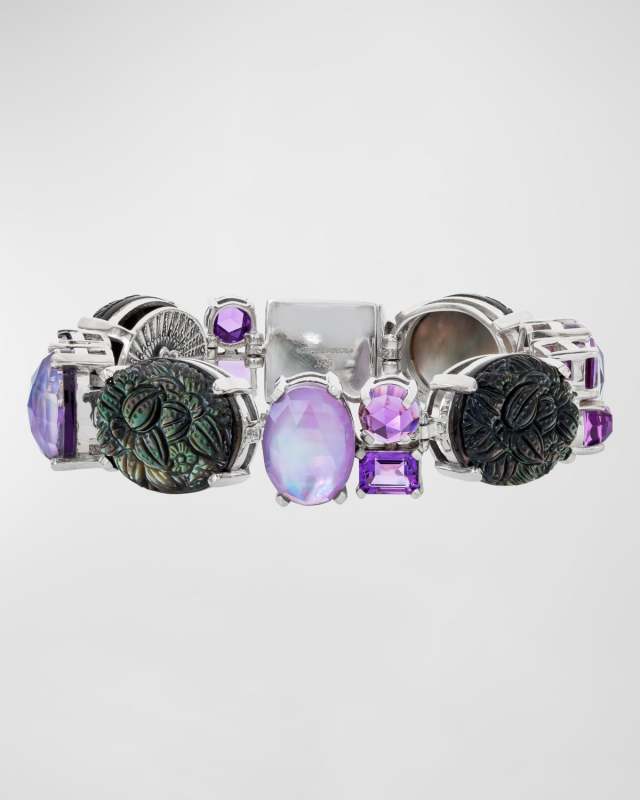 Carved Grey Mother-of-Pearl, Crystal Quartz, Plum Mother-of-Pearl and Amethyst Bracelet