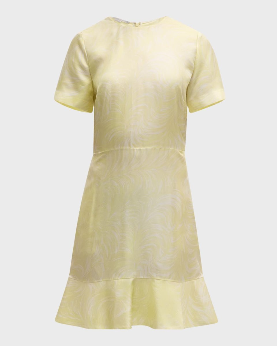 Iconic Feather-Print Silk Short-Sleeve Ruffle Mini Dress
