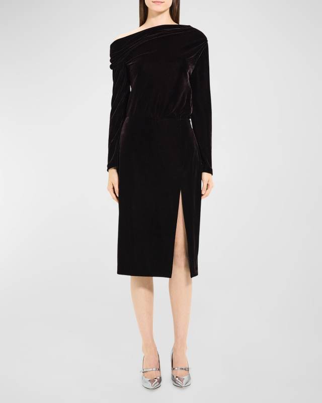 Velvet Draped Off-Shoulder Midi Dress