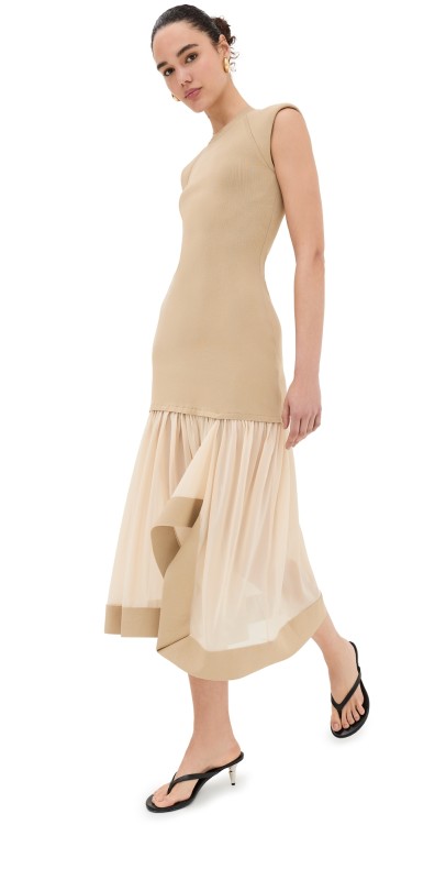 3.1 Phillip Lim Compact Ribbed Sleeveless Dress with Chiffon Skirt Khaki