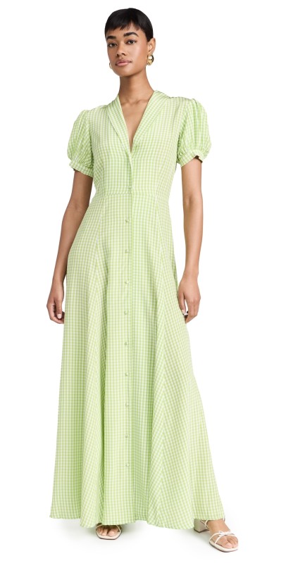 CAROLINE CONSTAS Bel Maxi Shirt Dress Pistachio Gingham