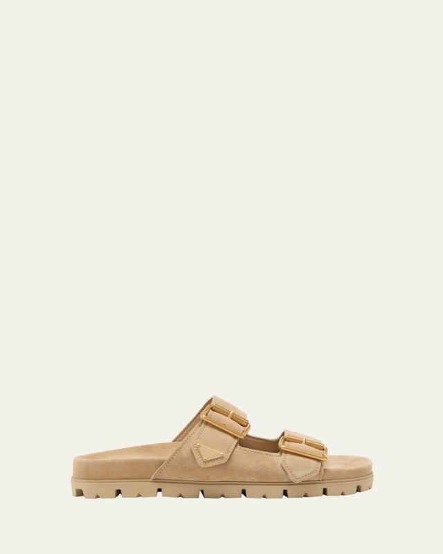 Suede Double-Buckle Slide Sandals