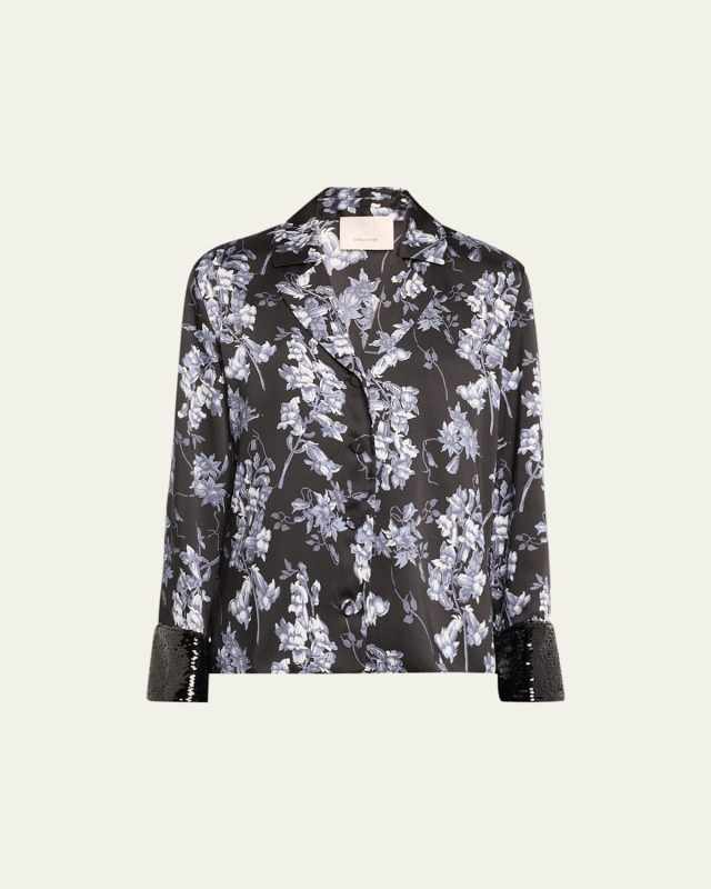 Phoebe Coastal Floral Collared Sequin-Cuff Top