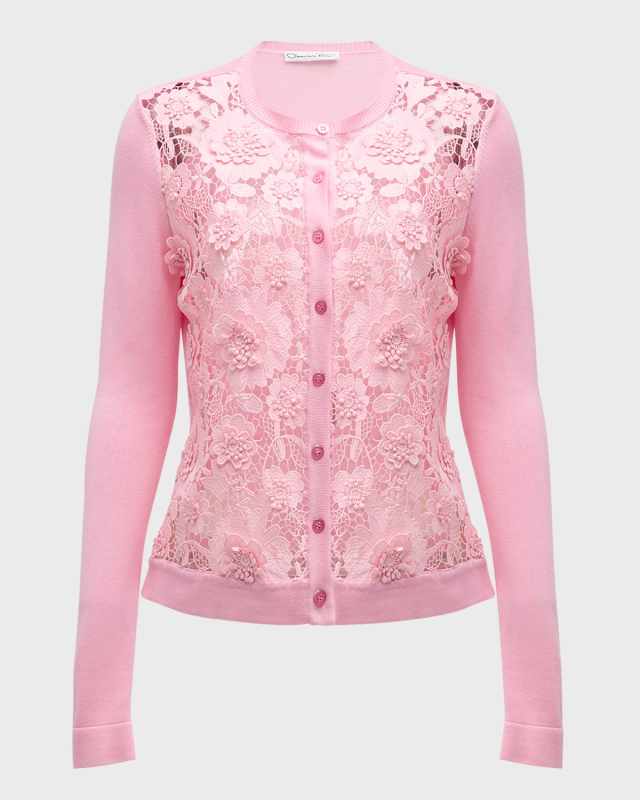 Lace-Front Crewneck Cardigan