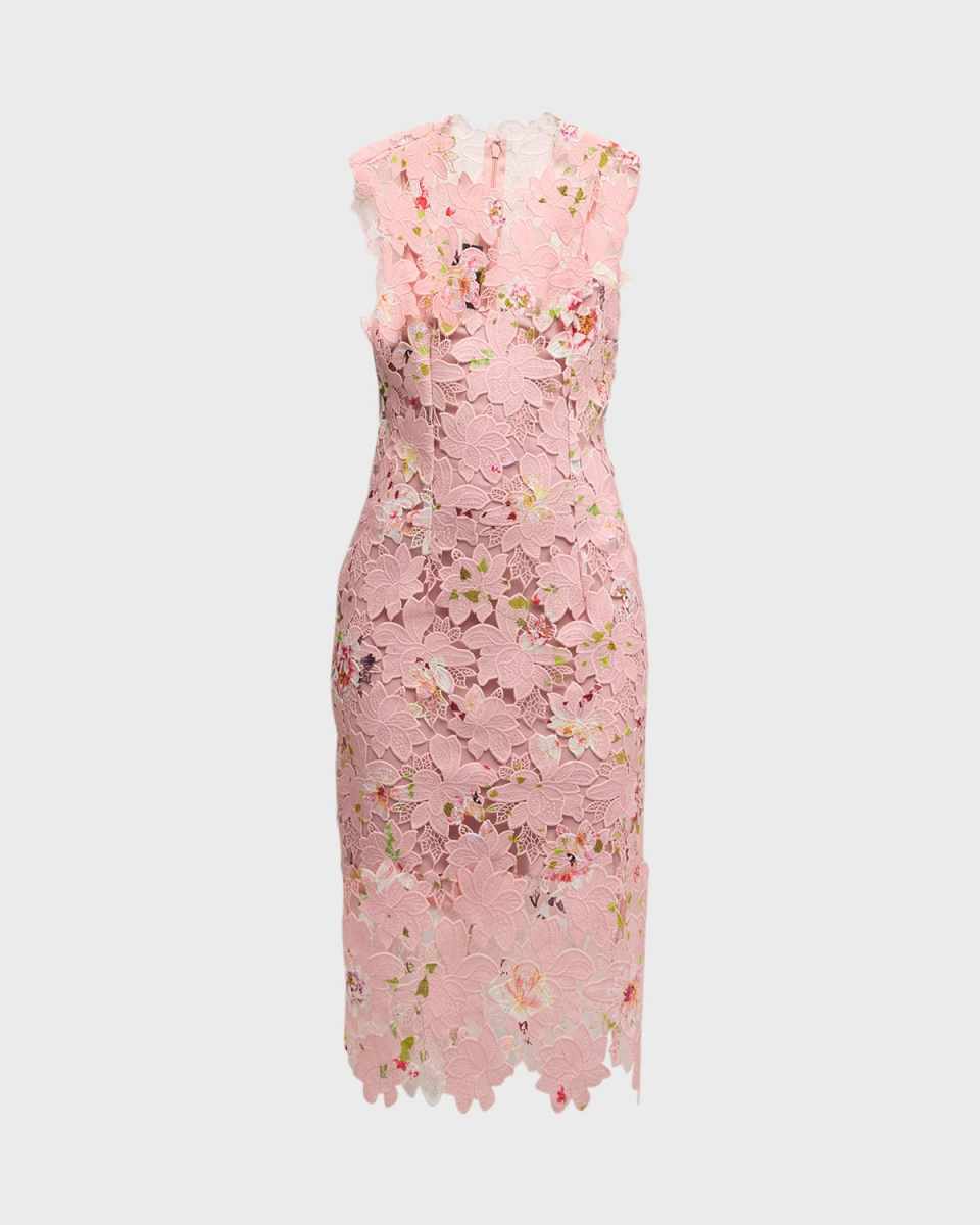 Jewel-Neck Sleeveless Printed Lace Sheath Midi Dress