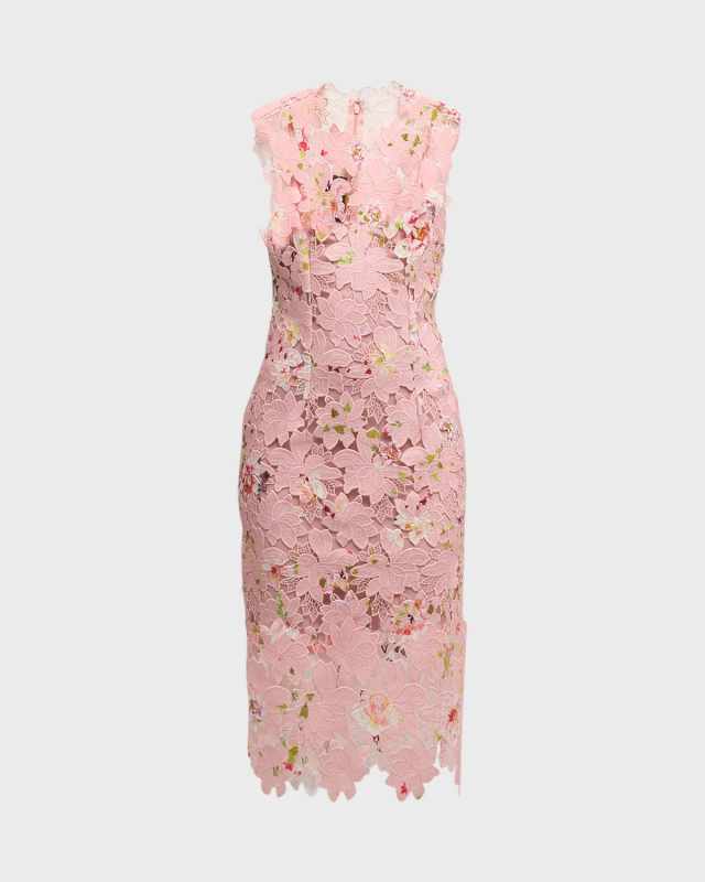 Jewel-Neck Sleeveless Printed Lace Sheath Midi Dress