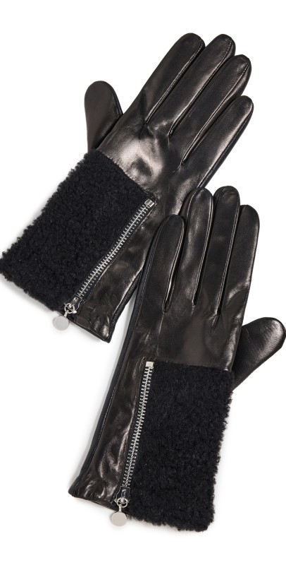 Carolina Amato Touch Tech Shearling Zipper Gloves Black