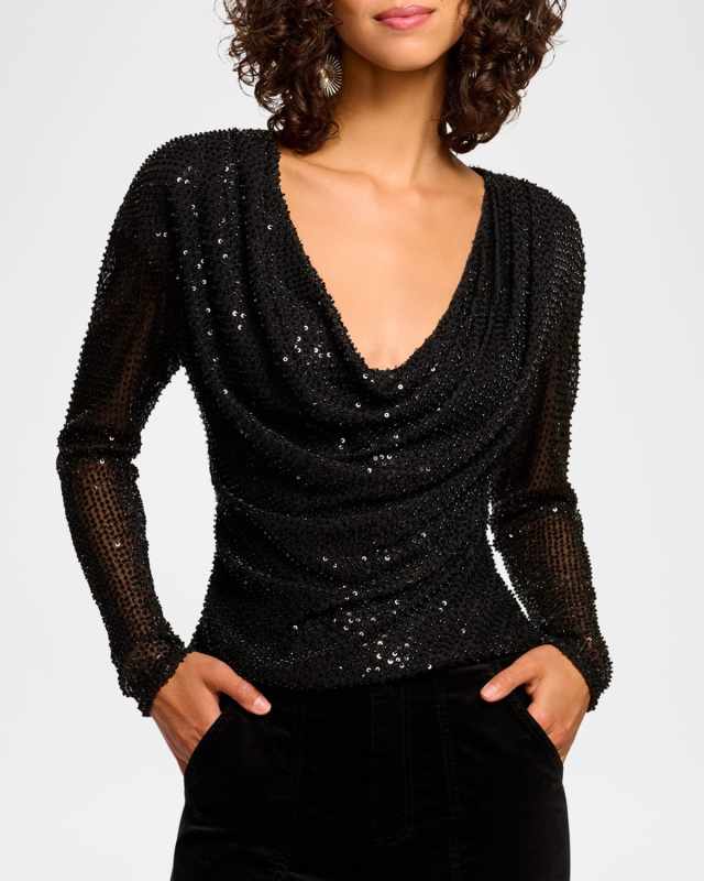 Leon Sequined Cowl-Neck Blouse
