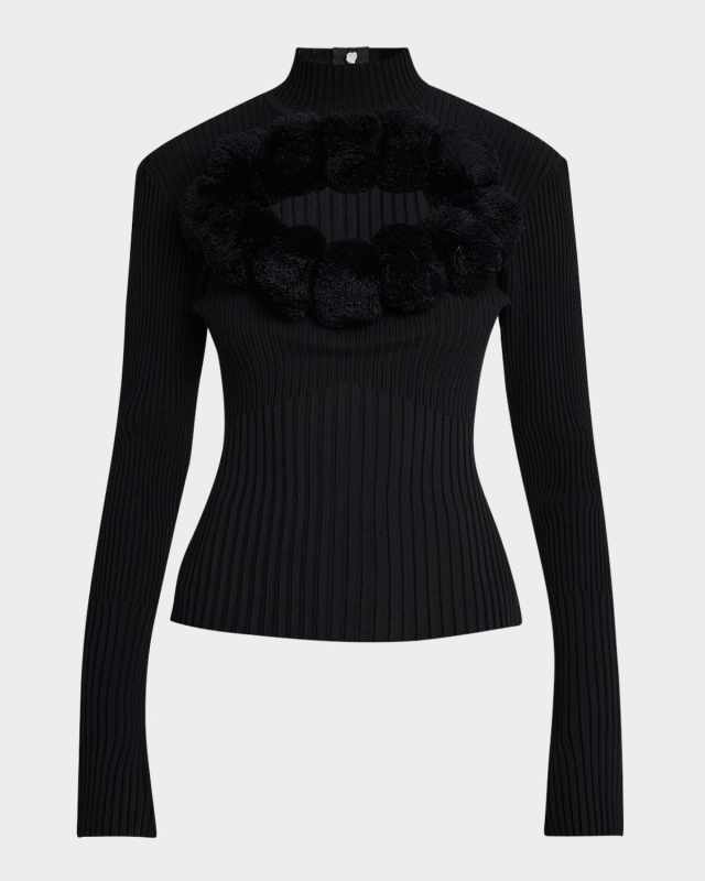 Valeria Rib-Knit Pom Pom Top