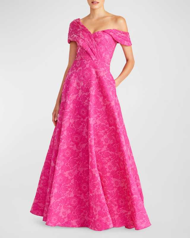Marlene One-Shoulder Floral Jacquard Gown