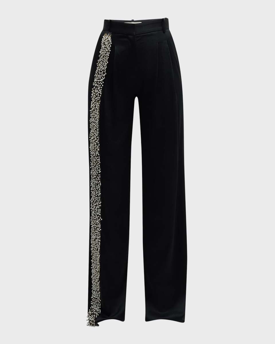 Stefan Embellished Double-Pleated Straight-Leg Satin Pants
