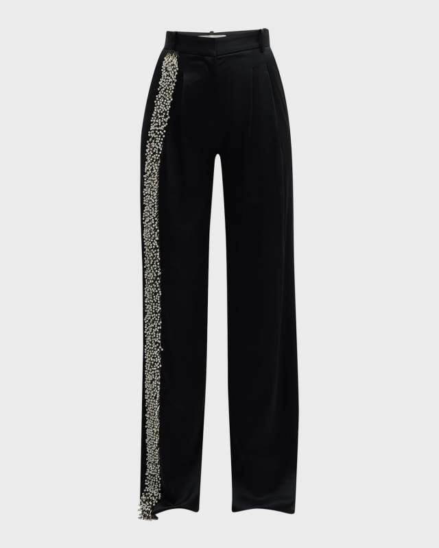 Stefan Embellished Double-Pleated Straight-Leg Satin Pants