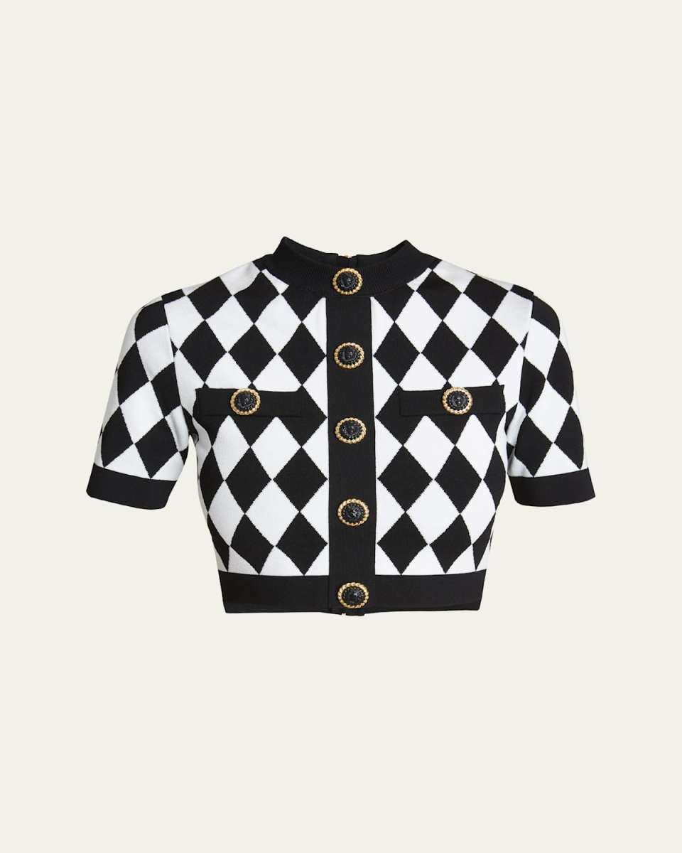 Short-Sleeve Buttoned Diamond Knit Crop Top