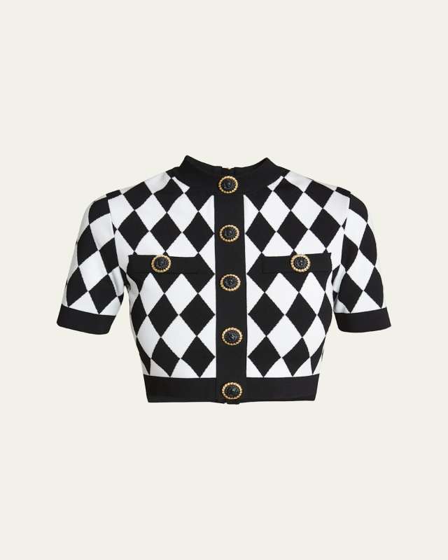 Short-Sleeve Buttoned Diamond Knit Crop Top