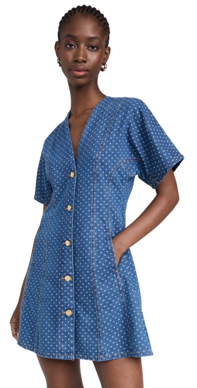 GANNI Blue Polka Dot Denim Mini Dress Mid Blue Stone
