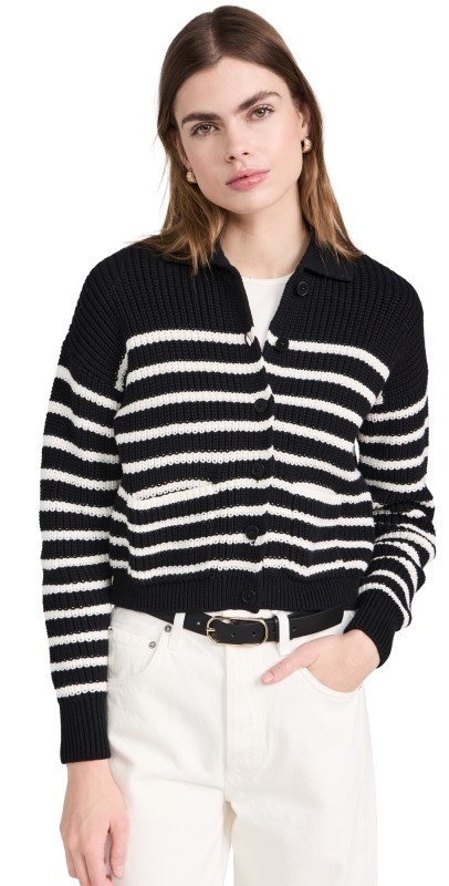 Madewell Ribbed Polo Cardigan Sweater in Stripe Antique Cream Stripe