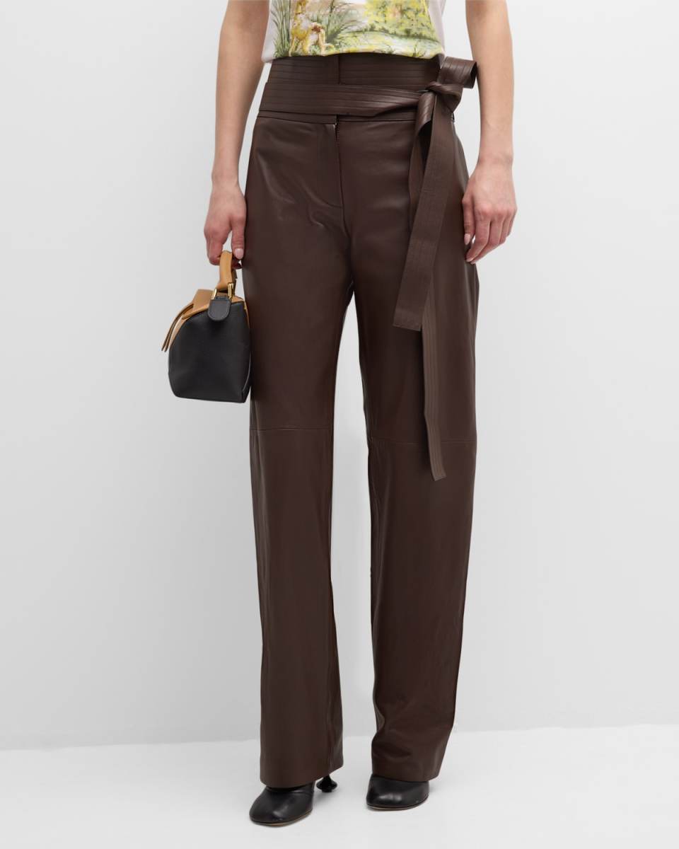 Belted Leather Straight-Leg Trousers