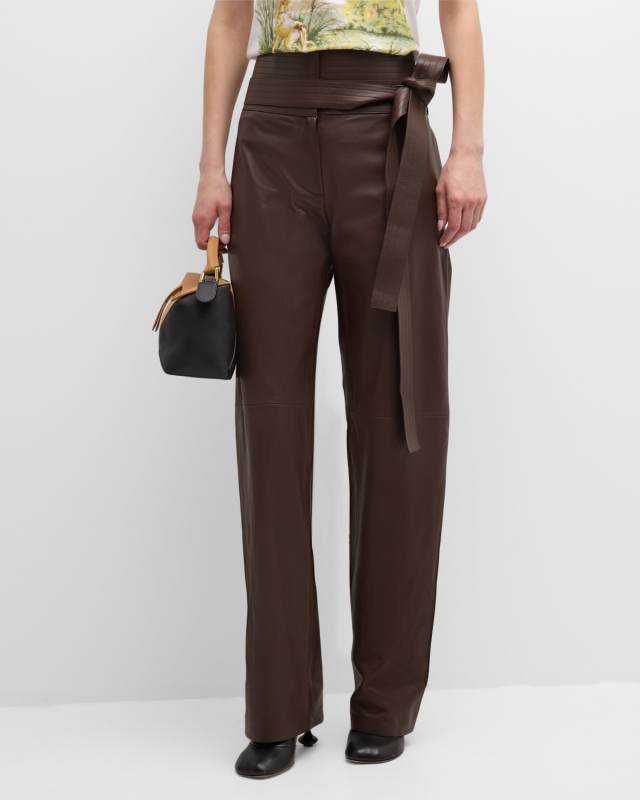 Belted Leather Straight-Leg Trousers
