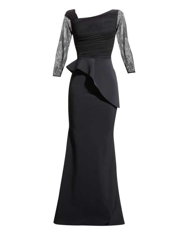 Rippy Asymmetrical 3/4-Sleeve Illusion Gown