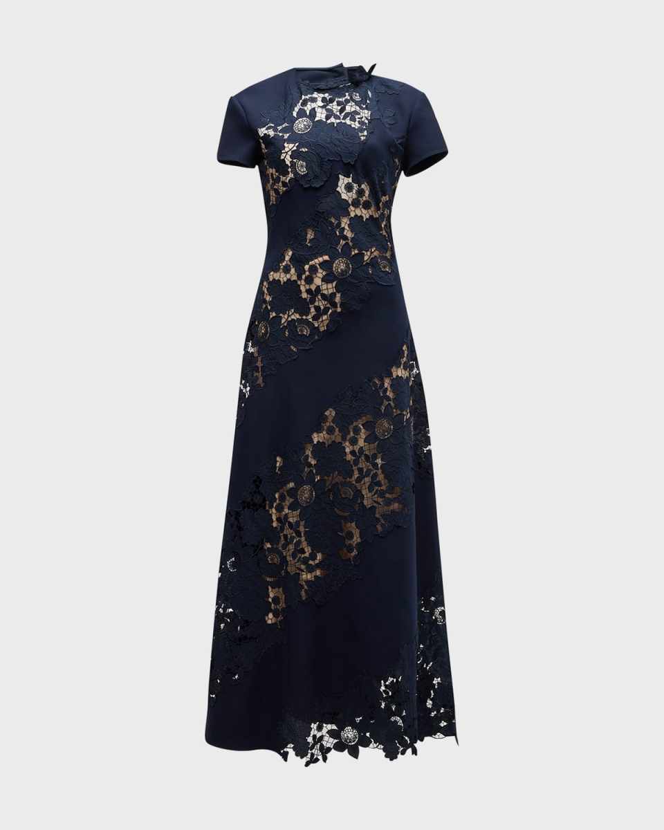 Diagonal Botanical Guipure Inset Cap-Sleeve Open-Back Maxi Dress
