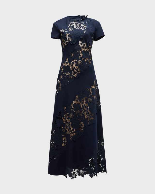 Diagonal Botanical Guipure Inset Cap-Sleeve Open-Back Maxi Dress
