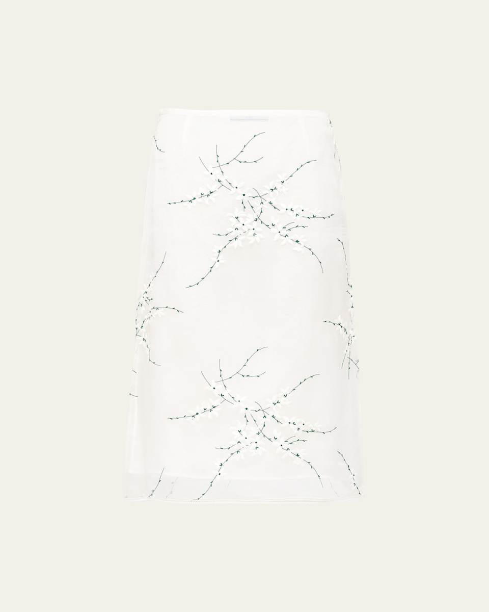 Organza Floral-Embroidered Midi Skirt