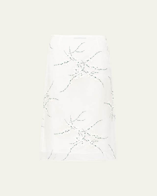 Organza Floral-Embroidered Midi Skirt