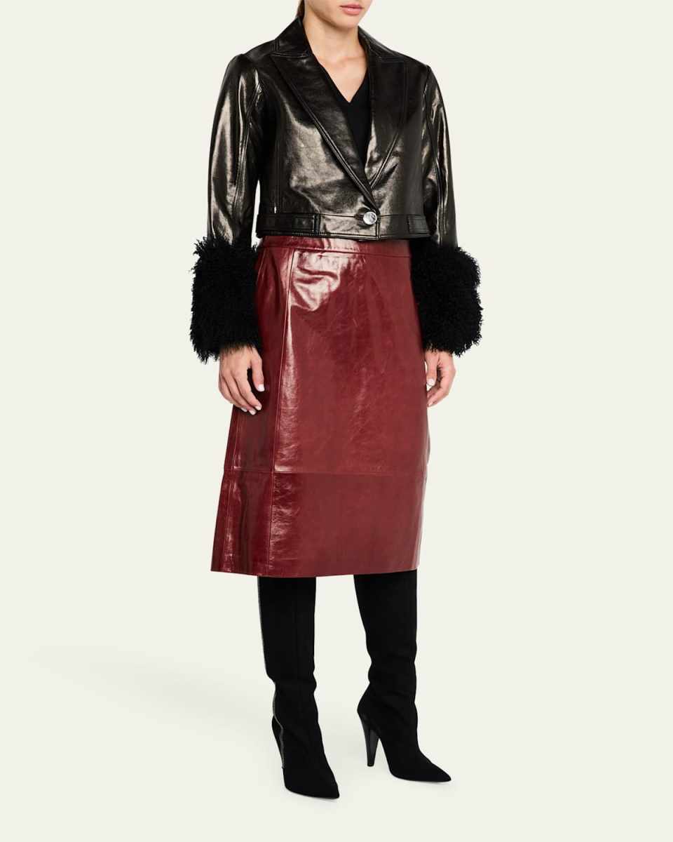 Kallie Cropped Shearling-Cuff Leather Jacket