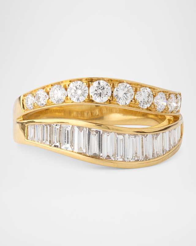 18K Yellow Gold Baguette and Round Diamond Two-Wave Ring