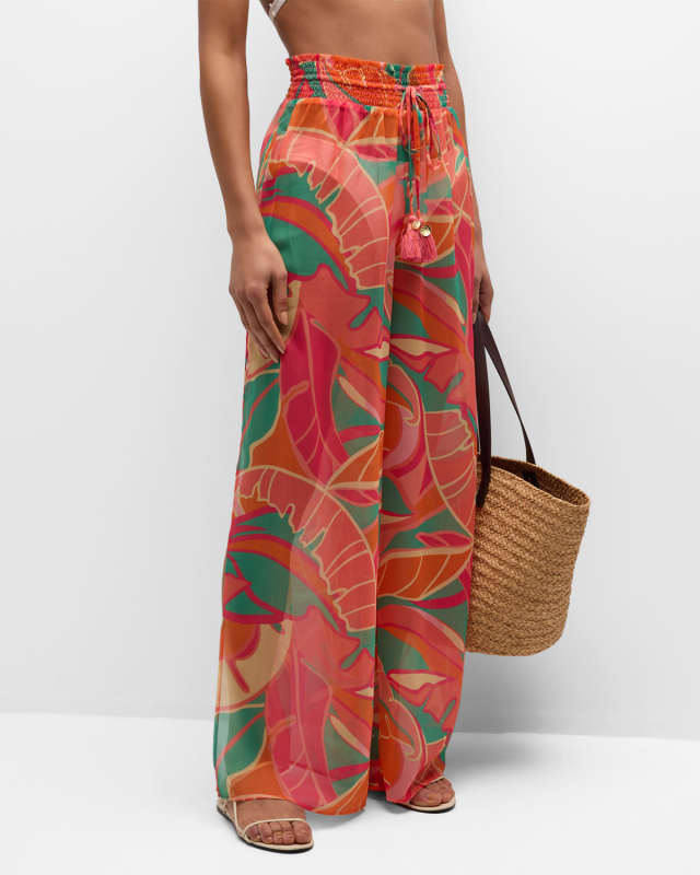Haley Exotic Tropical Semi-Sheer Wide-Leg Pants