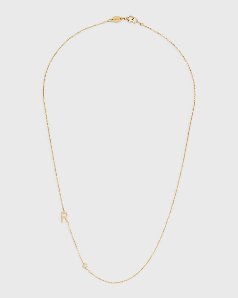 14k Yellow Gold Personalized 0.03ct Asymmetric Initial & Diamond Bezel Necklace