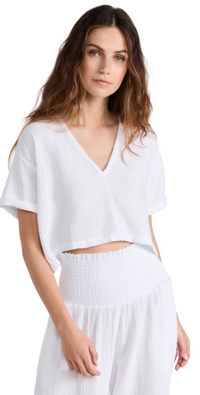 MONROW Gauze V Neck Mini Top White