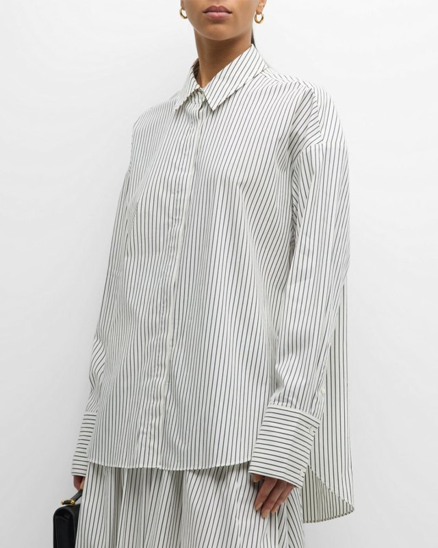 Colton Pinstripe Cotton Drop-Shoulder Button-Front Shirt