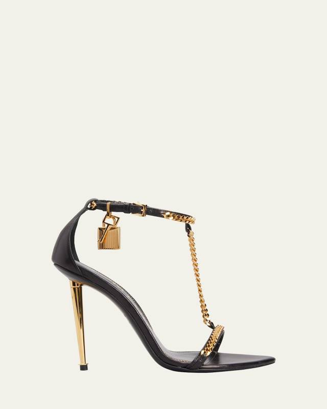 Padlock T-Strap Chain Leather Sandals