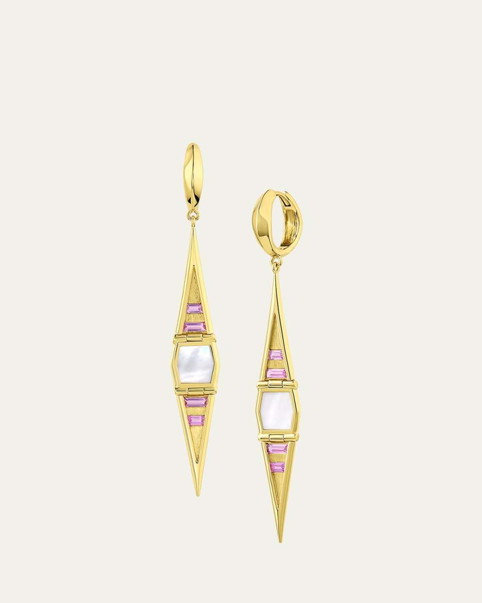 18K Gold Pink Sapphire and Mother-of-Pearl Hinged Swing Earrings
